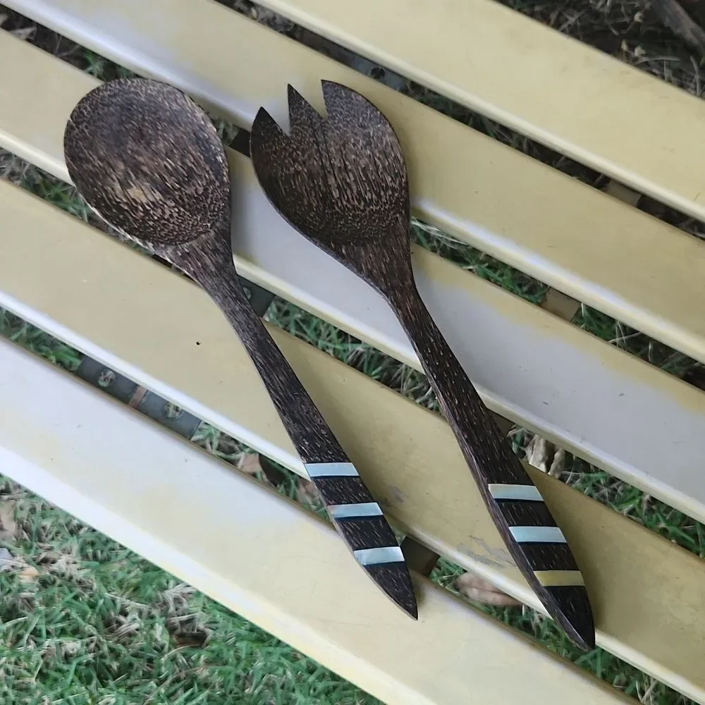 Salad Fork Spoon Wooden Serving Set Abalone Inlay